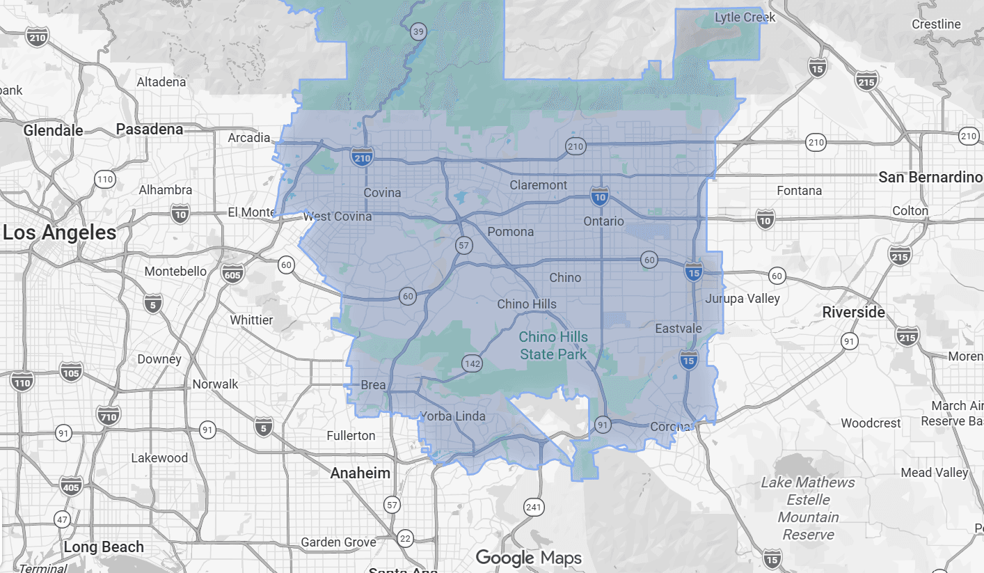 CleanMax Laundry commercial service area map covering Pomona, Ontario, Chino, Rancho Cucamonga, and surrounding cities